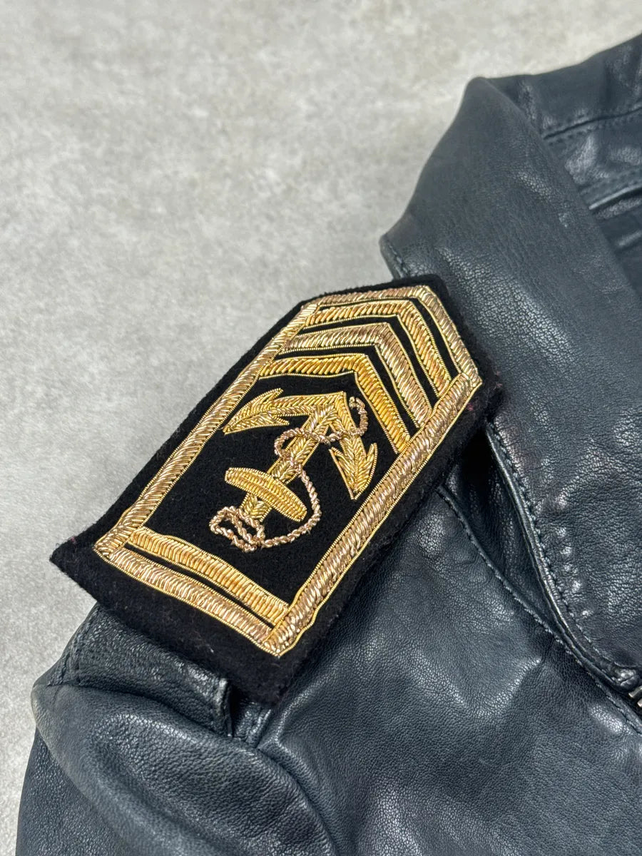SS2014 Balmain Dark Navy Lambskin Leather Lion Crest Embroidered Biker Jacket LreaYUaU 9