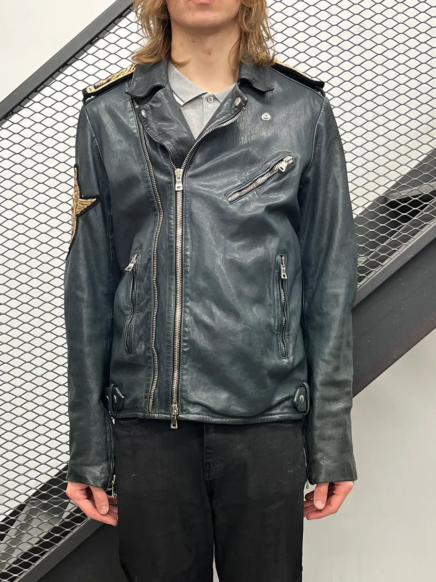 SS2014 Balmain Dark Navy Lambskin Leather Lion Crest Embroidered Biker Jacket LreaYUaU 2
