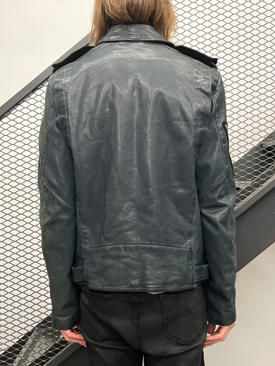 SS2014 Balmain Dark Navy Lambskin Leather Lion Crest Embroidered Biker Jacket LreaYUaU 3
