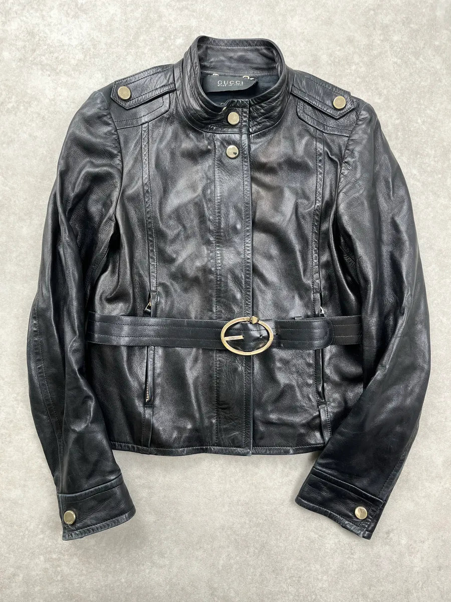 2000s Gucci Black Leather Belted Leather Jacket by Tom Ford LwjpCiSI 0