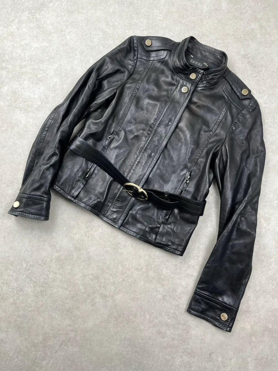 2000s Gucci Black Leather Belted Leather Jacket by Tom Ford LwjpCiSI 5