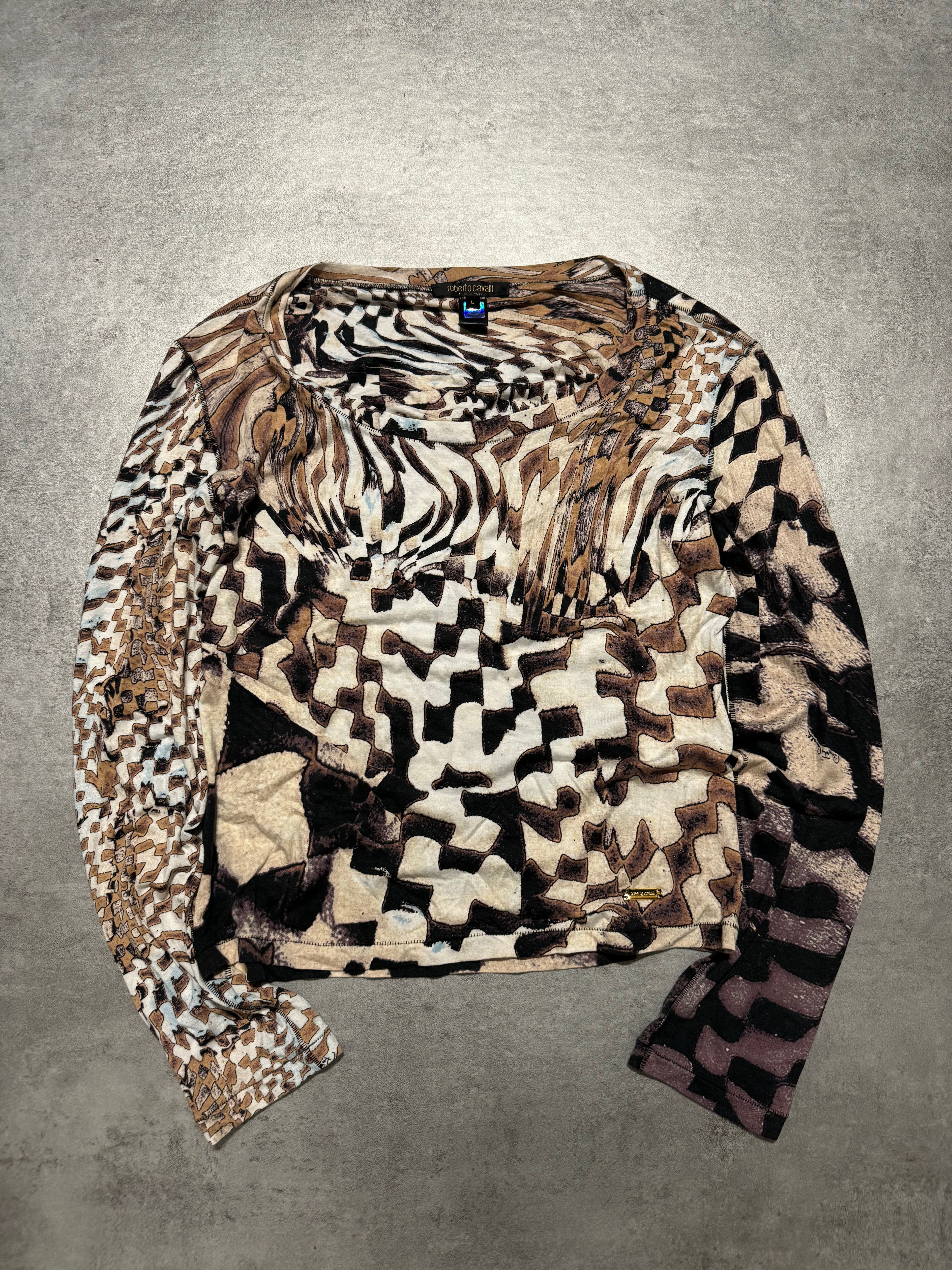 AW2003 Roberto Cavalli Brown Geometrical Psycho Mesh Top  (XS/S) - 3