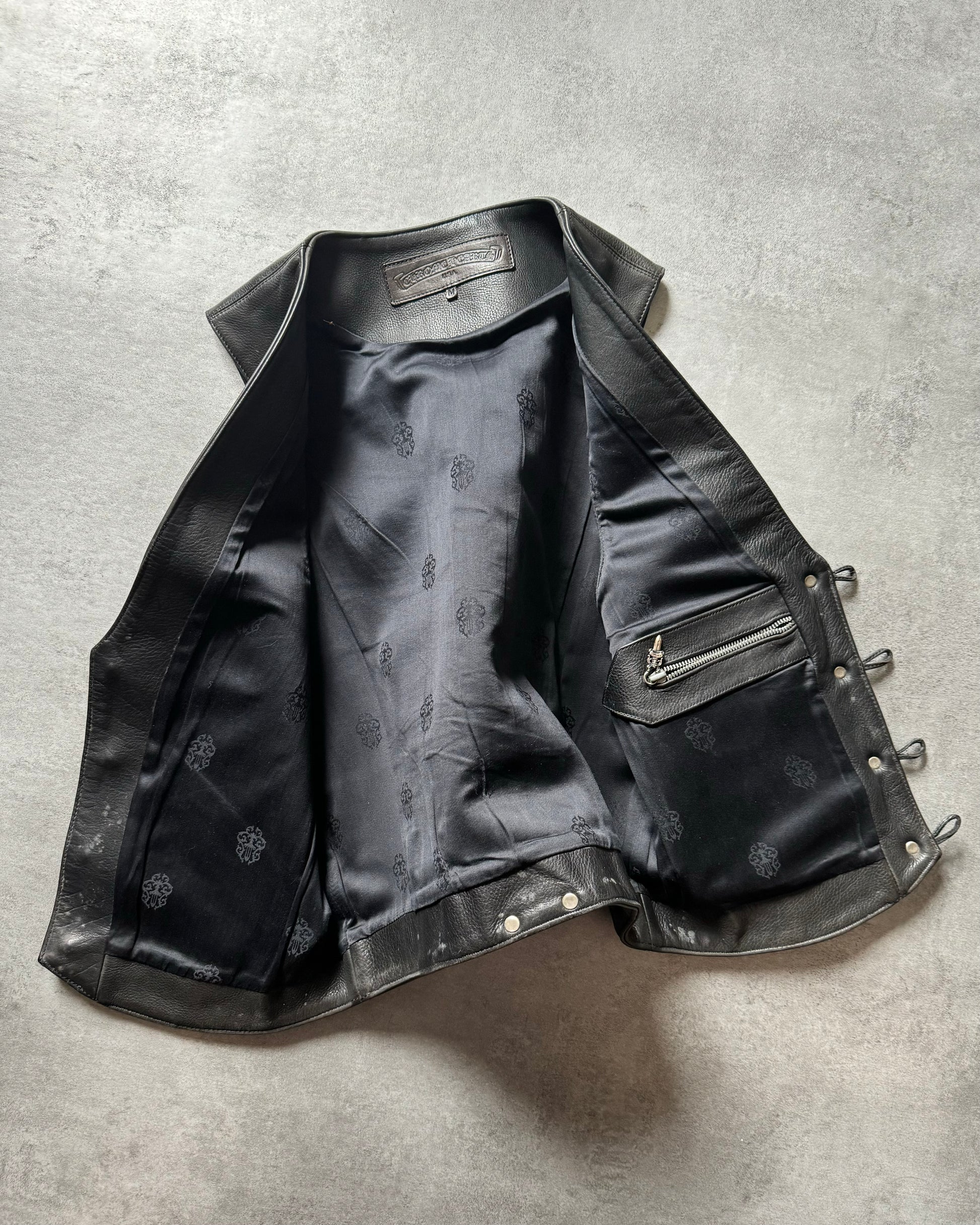 2000s Chrome Hearts Black Leather Sleeveless Biker Jacket (S) - 10
