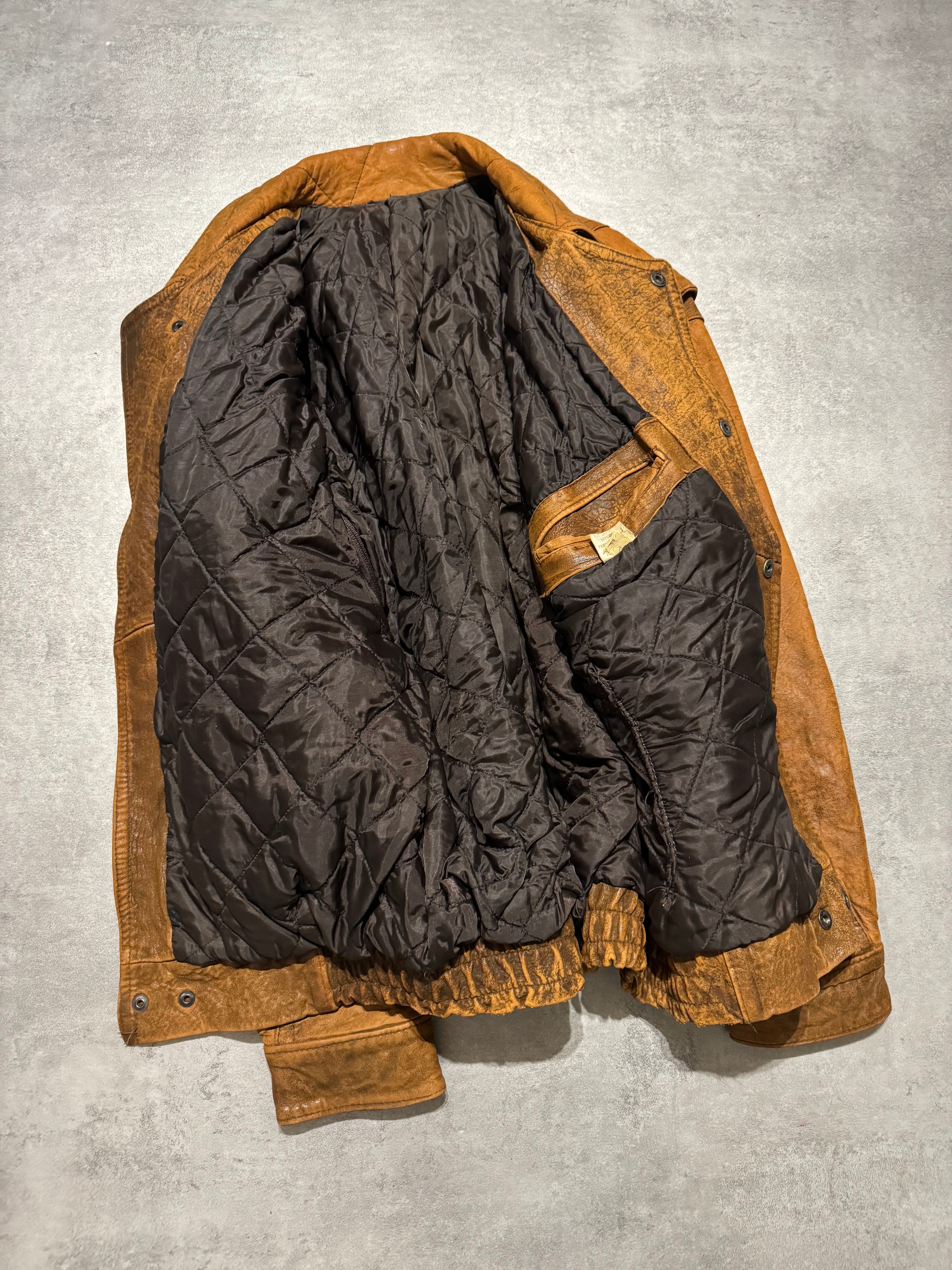 1990s Artisanal French Eroded Brown Leather Jacket with Detachable Sleeves (M) - 12