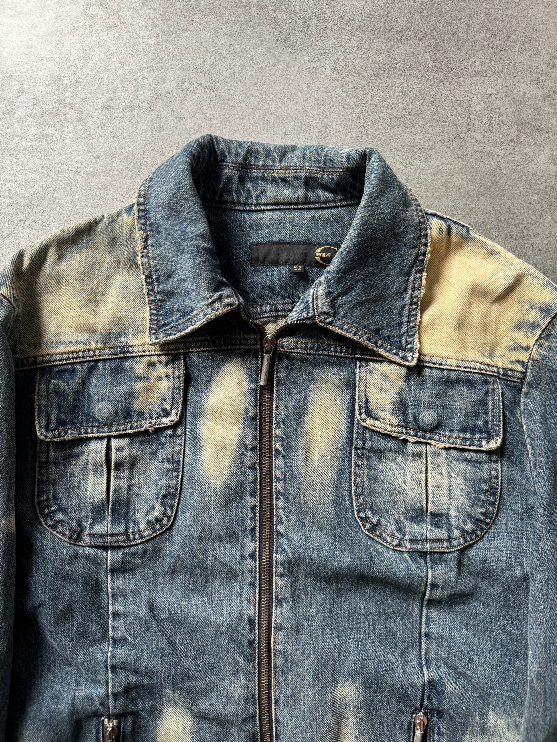 2000s Cavalli Fighter Denim Faded Jacket (L) - 6