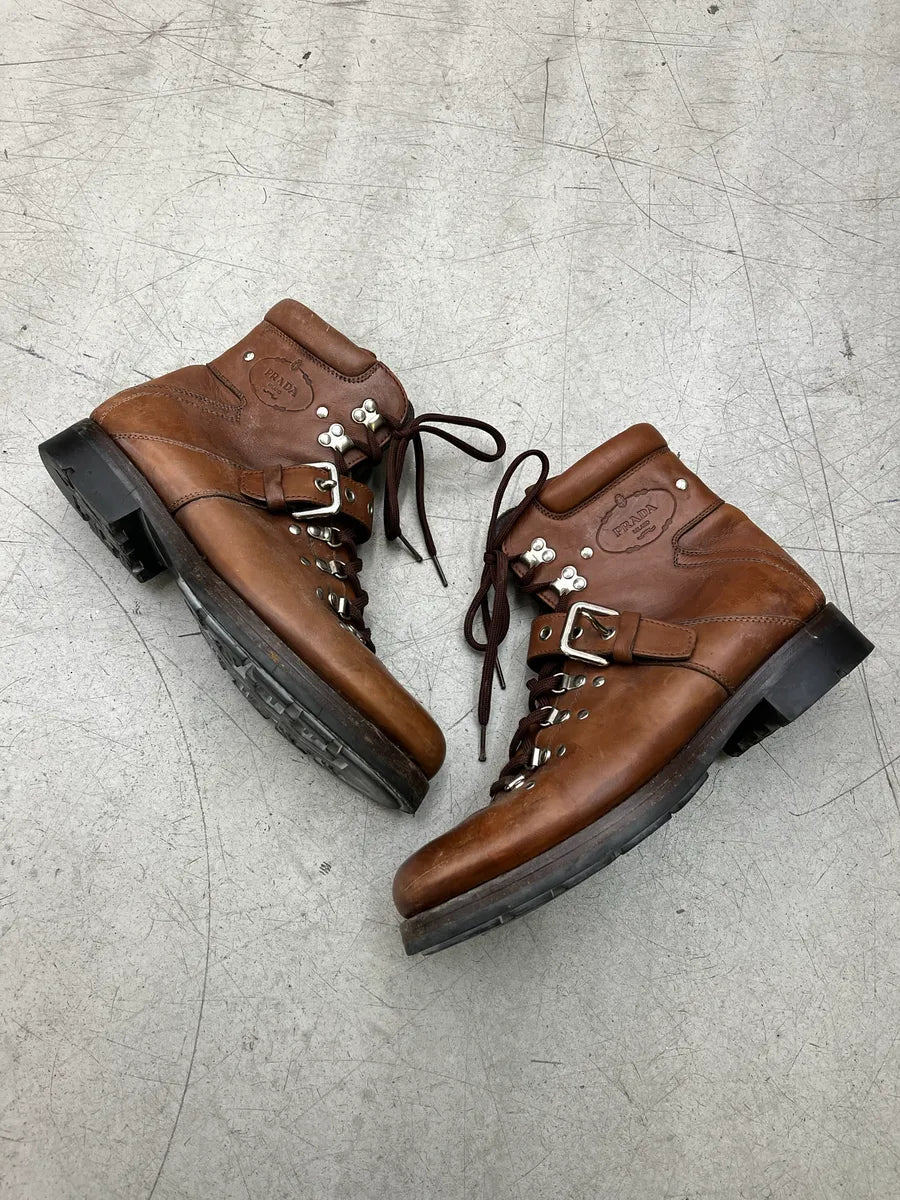 2000s Prada Hiking Lace-Up Brown Leather Boots MGpQJrEl 1