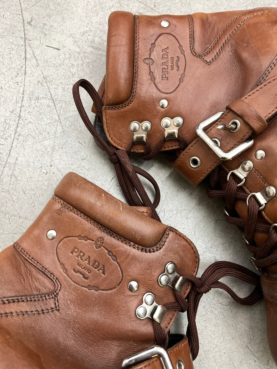 2000s Prada Hiking Lace-Up Brown Leather Boots MGpQJrEl 3