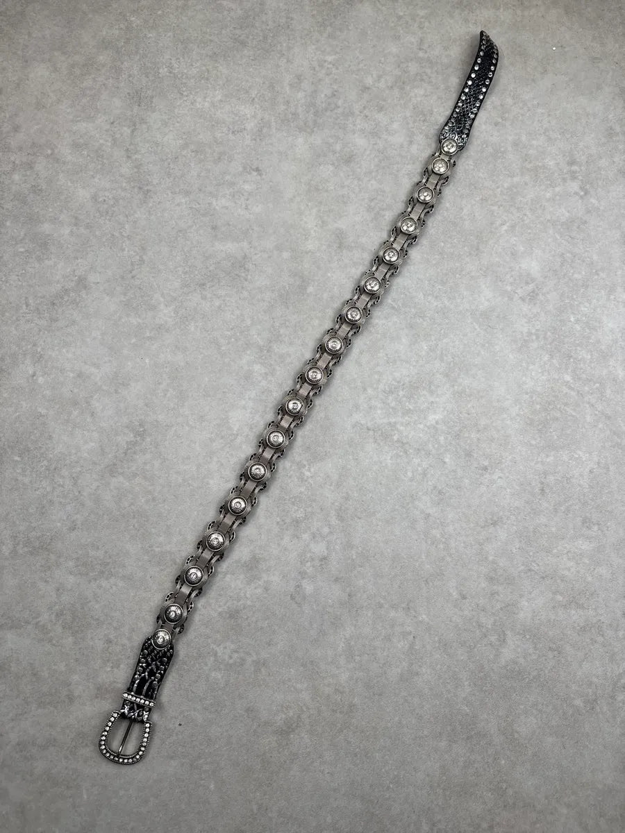 2000s Nanni Black Leather Crystal Studded Chain-Link Belt MJUKRxFk 7