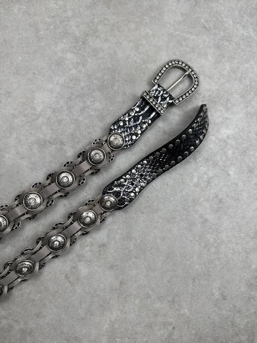 2000s Nanni Black Leather Crystal Studded Chain-Link Belt MJUKRxFk 2