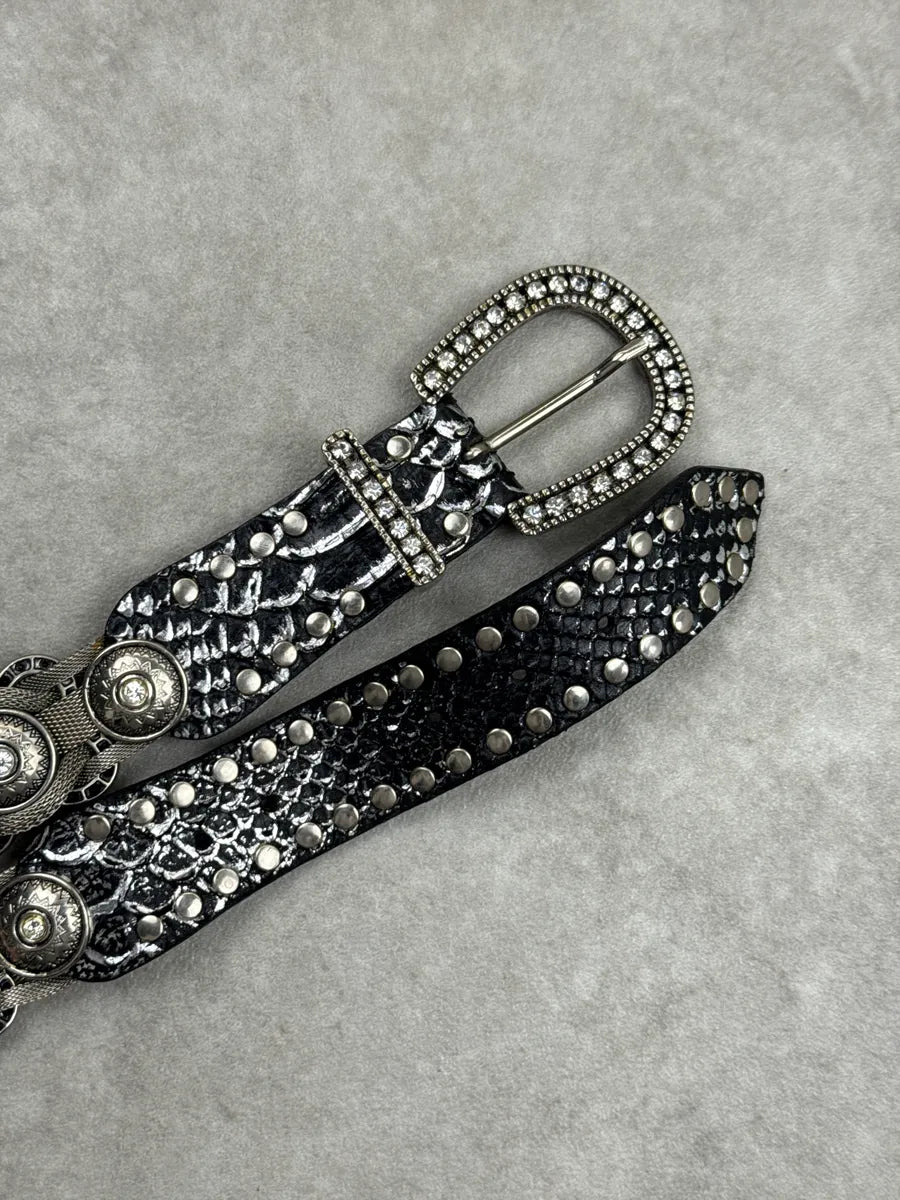 2000s Nanni Black Leather Crystal Studded Chain-Link Belt MJUKRxFk 3