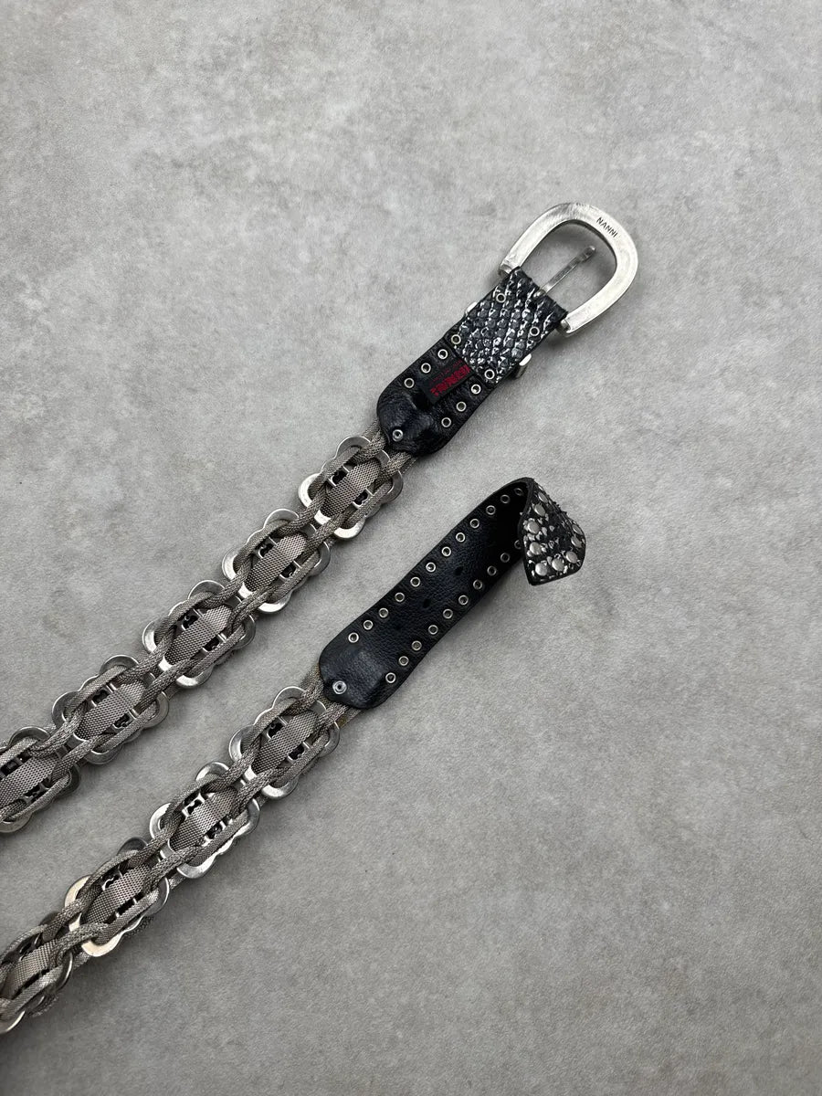 2000s Nanni Black Leather Crystal Studded Chain-Link Belt MJUKRxFk 6