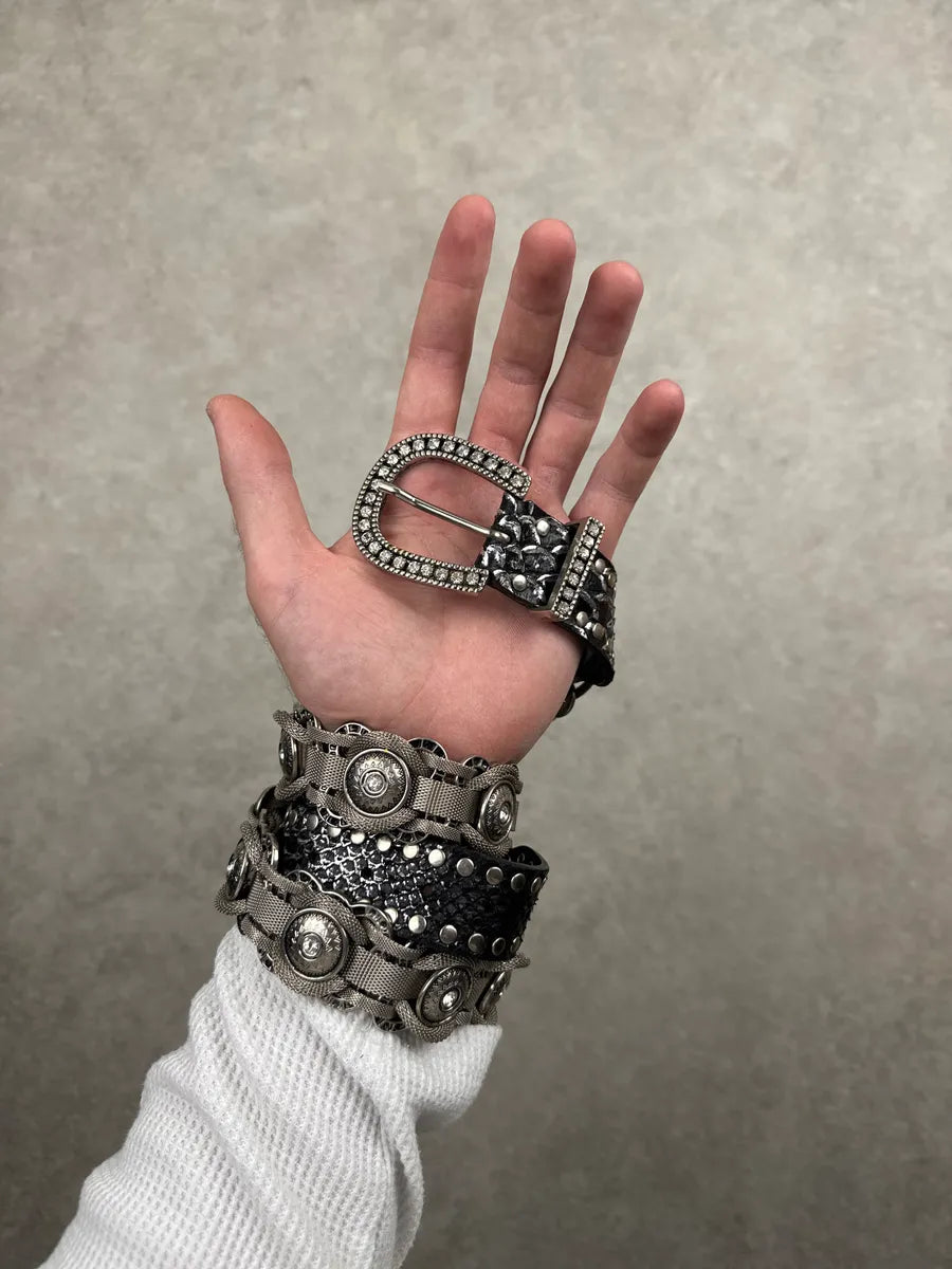 2000s Nanni Black Leather Crystal Studded Chain-Link Belt MJUKRxFk 1