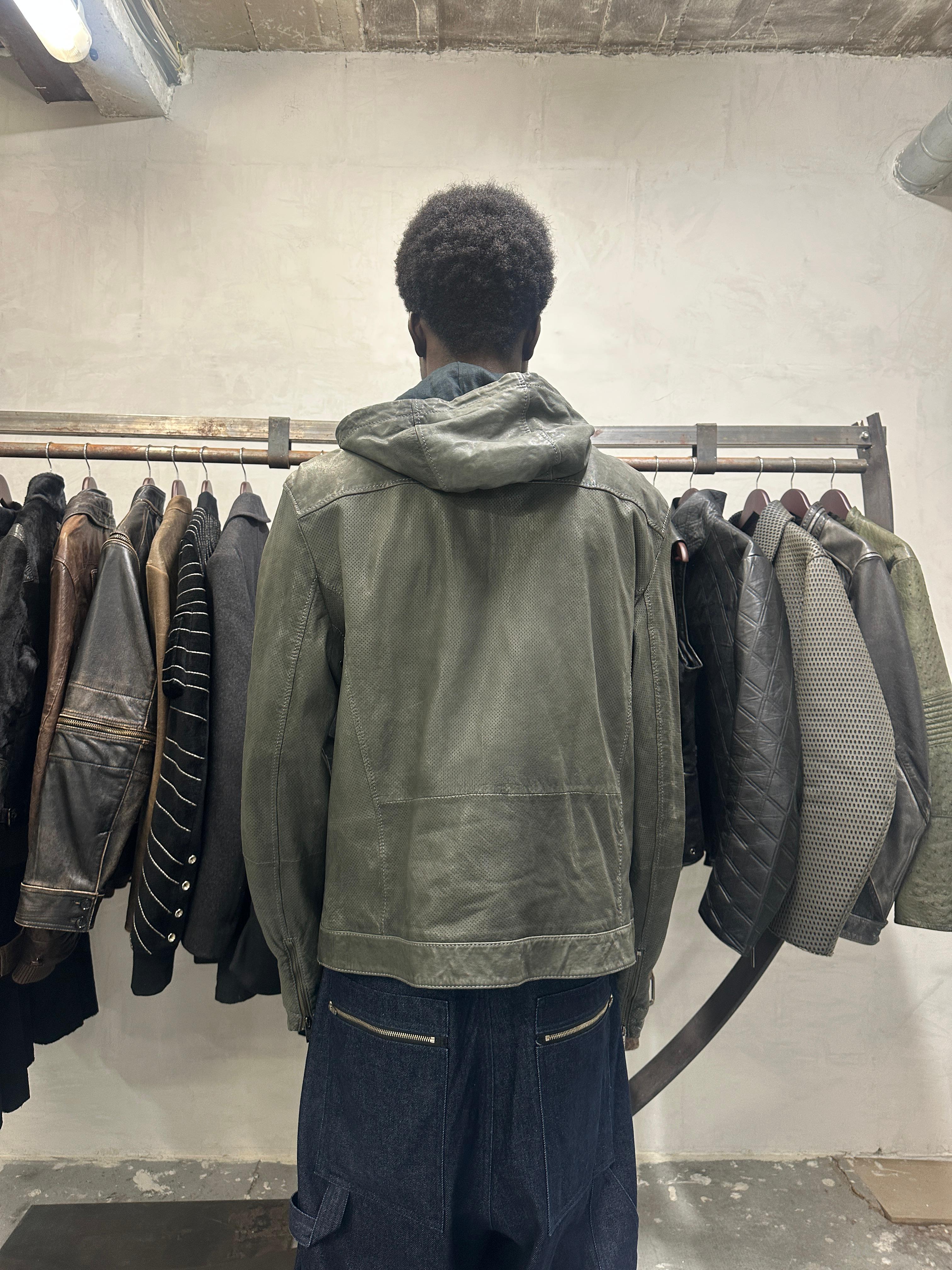 AW1998 Armani Collezioni Hooded Perfored Grey Leather Jacket (L) - 4