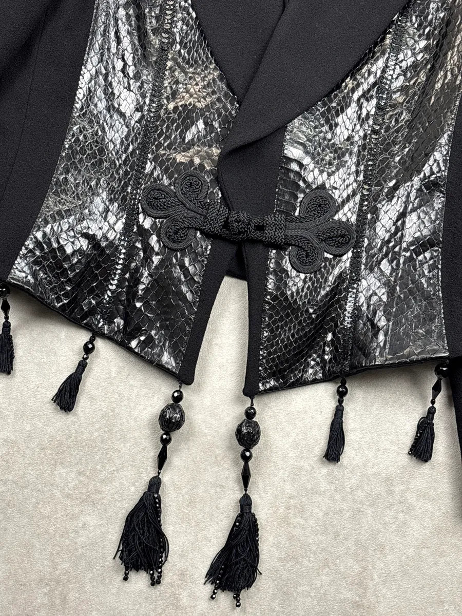 1990s Christian Dior Black Python Panel Tassel Blazer Jacket MNwEyqLu 5
