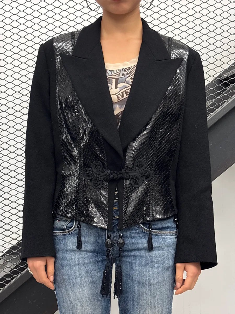 1990s Christian Dior Black Python Panel Tassel Blazer Jacket MNwEyqLu 1