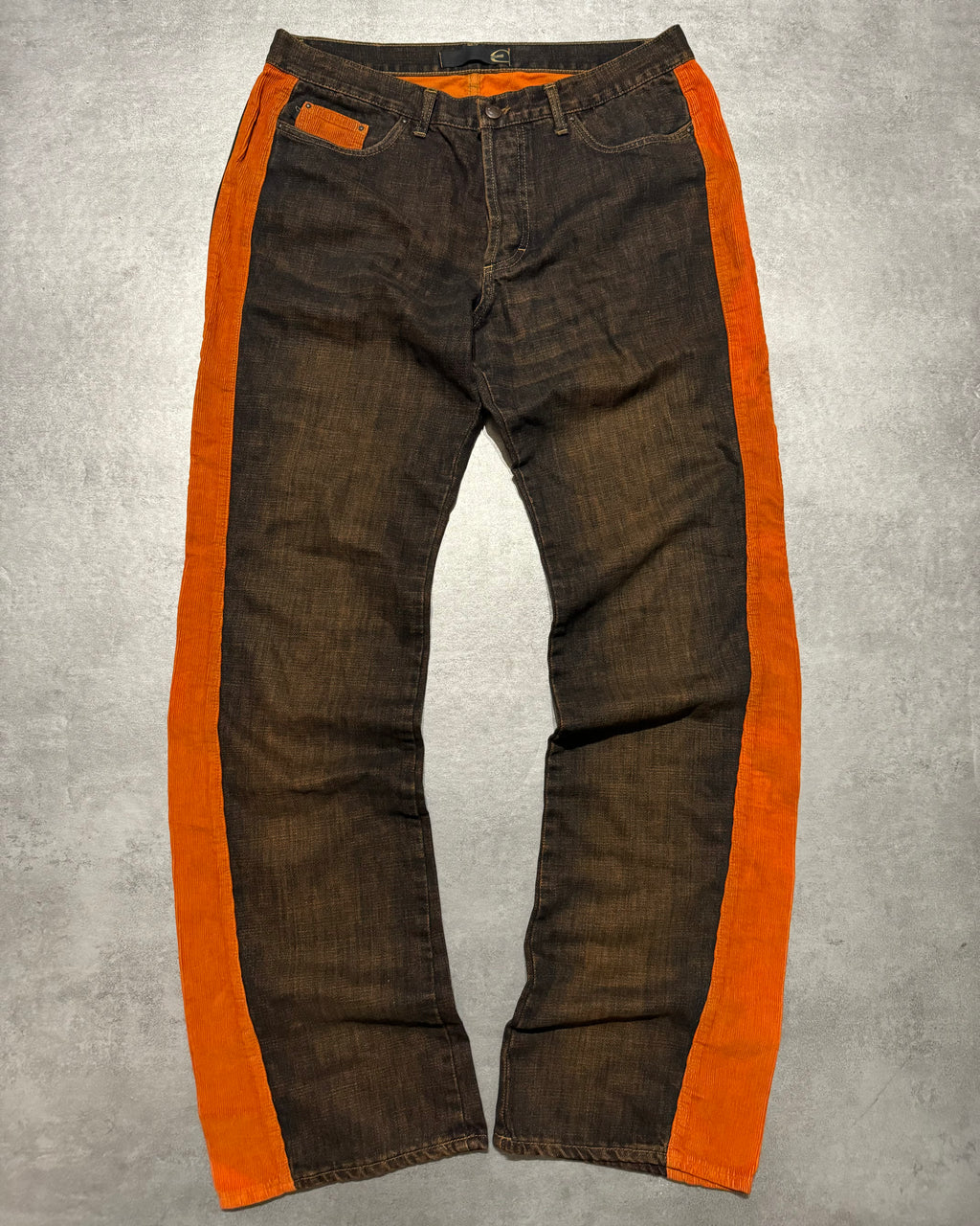 2000s Cavalli Straight Large Orange Velvet & Faded Denim Jeans (L) - 1