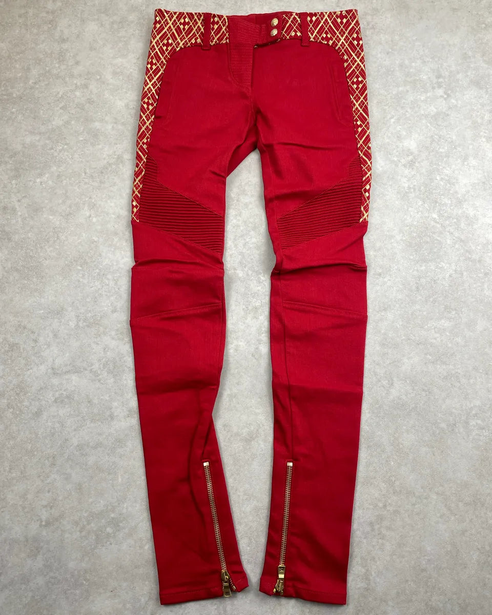 AW2010 Balmain Red Denim Gold Geometric Biker Jeans MRhNexKz 0
