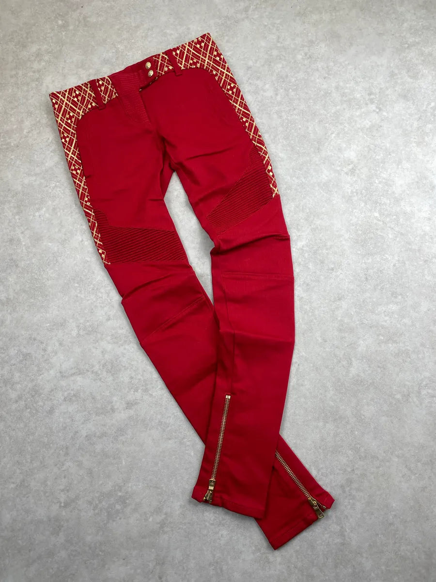 AW2010 Balmain Red Denim Gold Geometric Biker Jeans MRhNexKz 4
