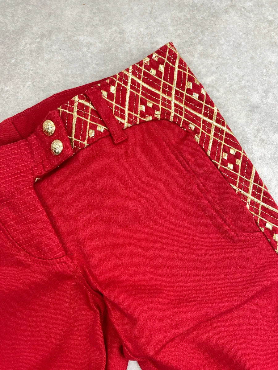 AW2010 Balmain Red Denim Gold Geometric Biker Jeans MRhNexKz 6