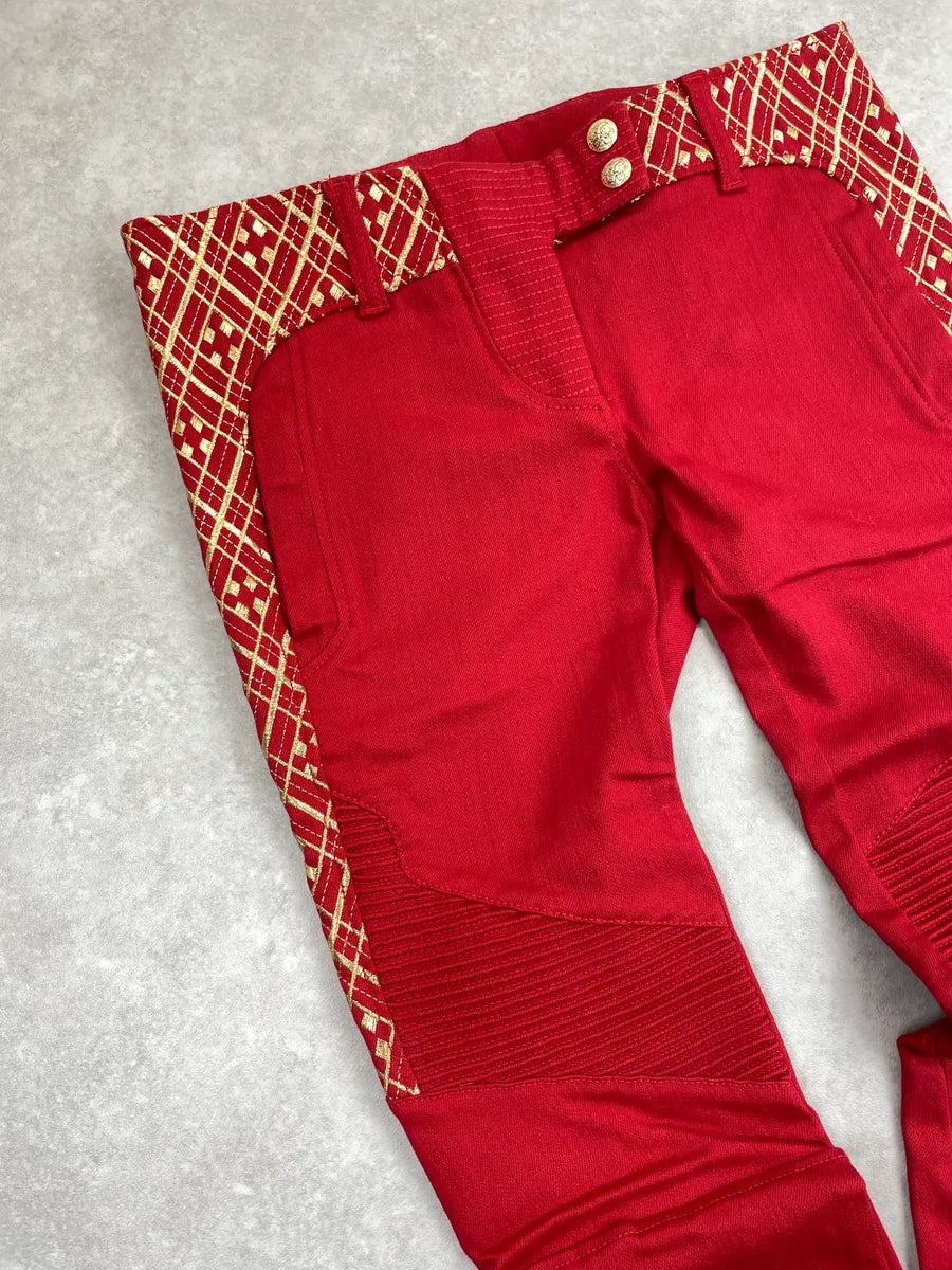 AW2010 Balmain Red Denim Gold Geometric Biker Jeans MRhNexKz 7