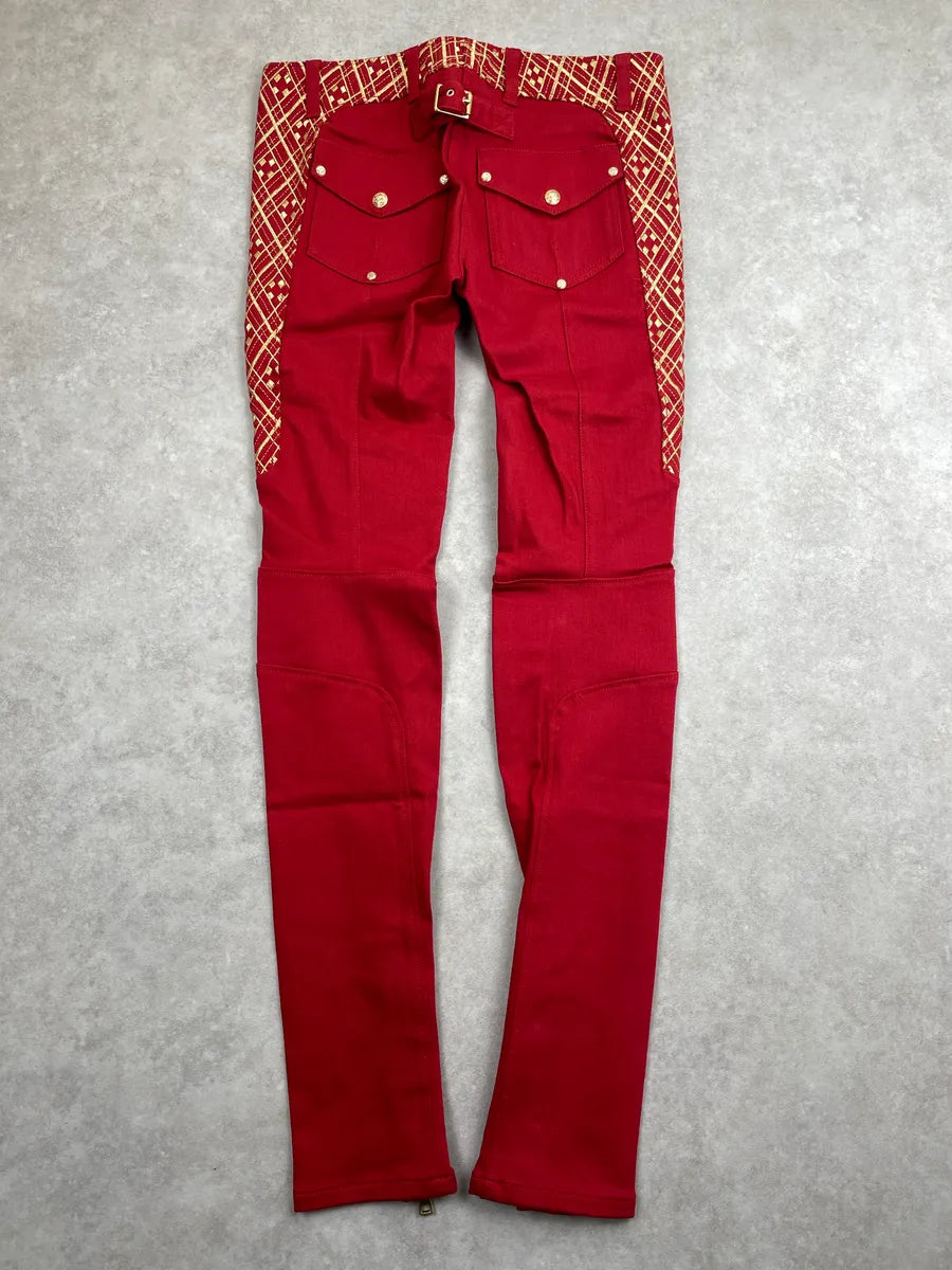 AW2010 Balmain Red Denim Gold Geometric Biker Jeans MRhNexKz 5