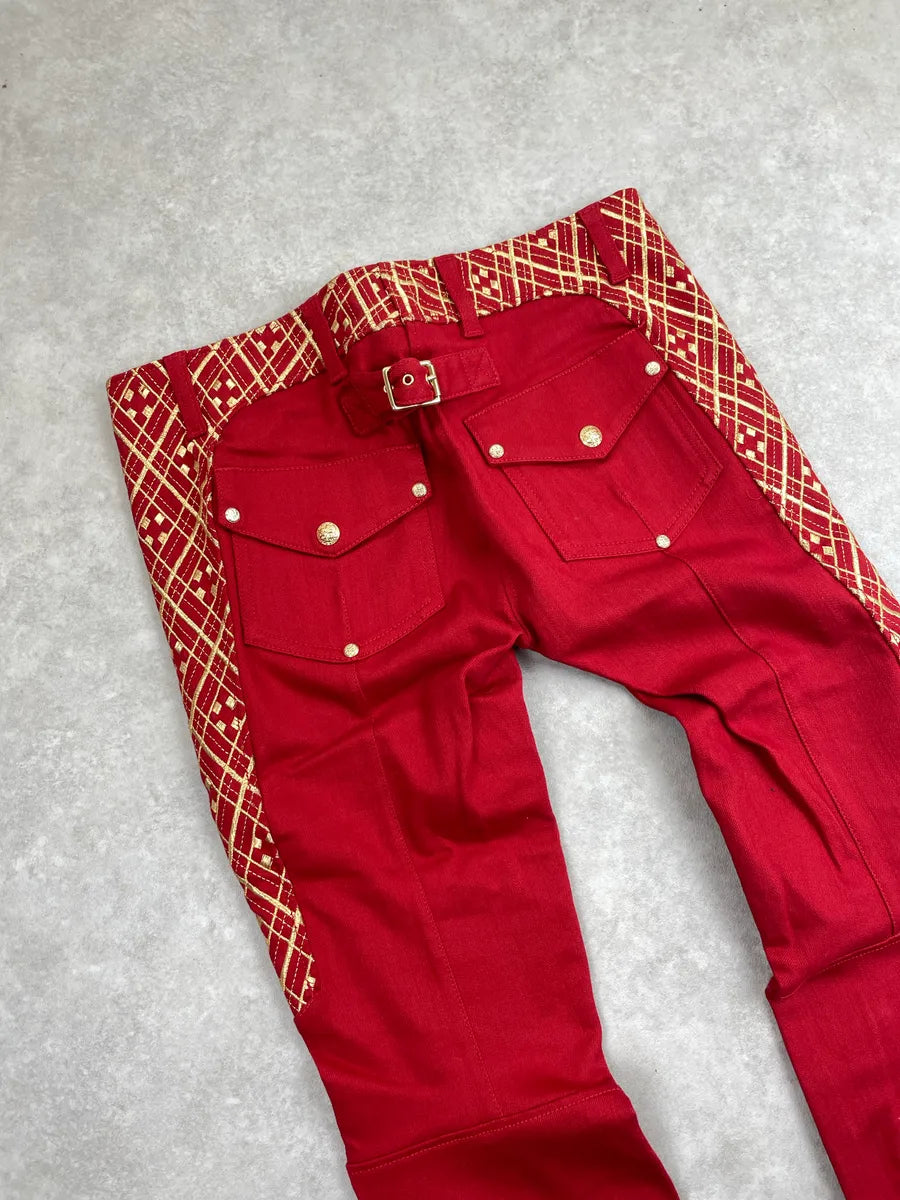 AW2010 Balmain Red Denim Gold Geometric Biker Jeans MRhNexKz 8