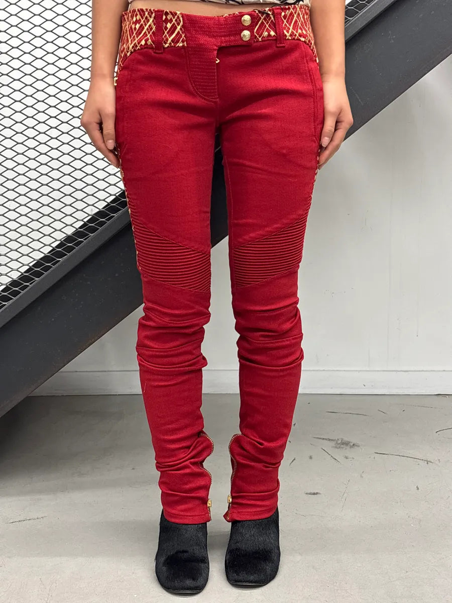 AW2010 Balmain Red Denim Gold Geometric Biker Jeans MRhNexKz 1