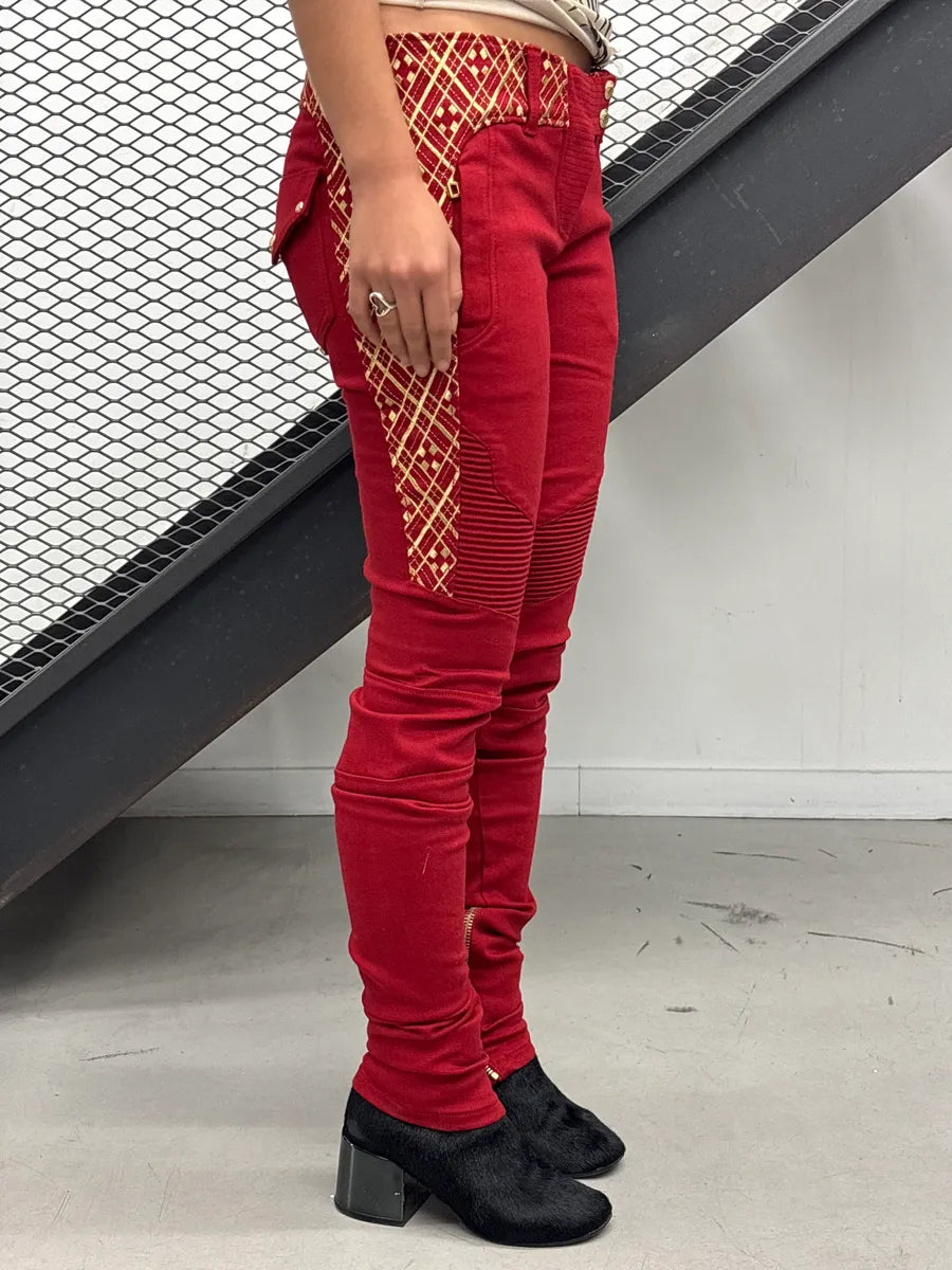 AW2010 Balmain Red Denim Gold Geometric Biker Jeans MRhNexKz 2