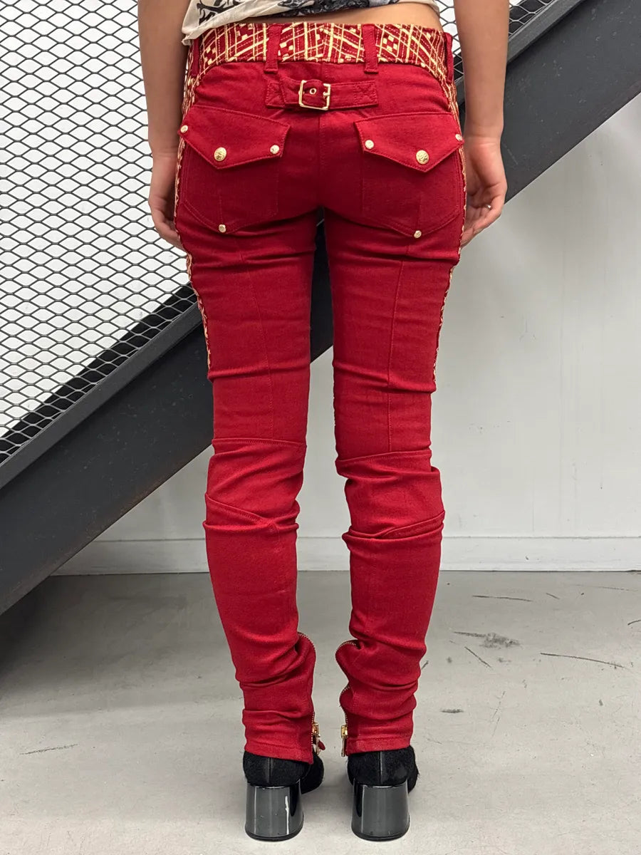AW2010 Balmain Red Denim Gold Geometric Biker Jeans MRhNexKz 3