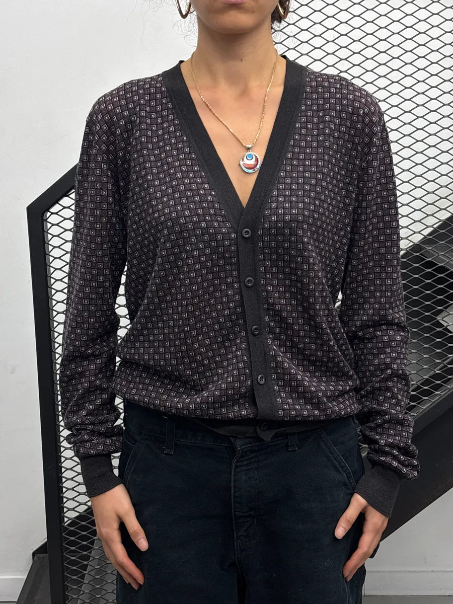 SS2012 Prada Dark Grey Grid Light Cardigan Sweater MUJMlFOm 1