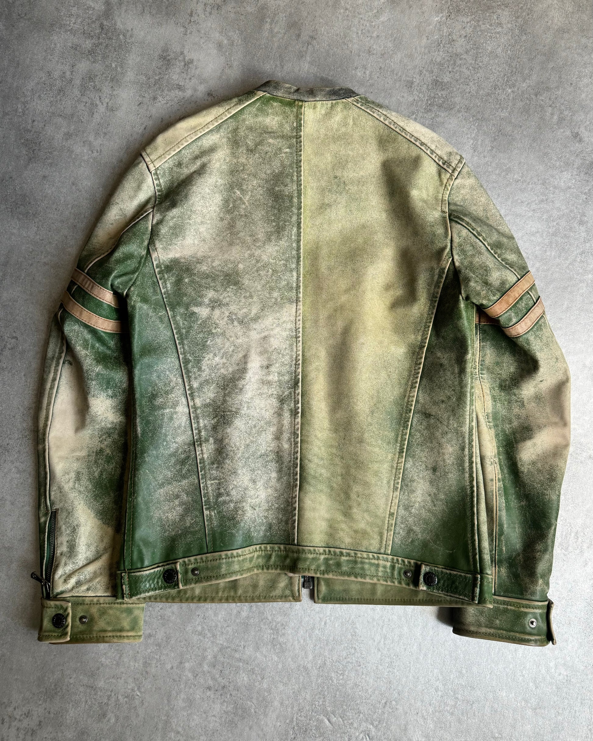 2000s Dolce & Gabbana Retro Effect Green Faded Racing Biker Leather Jacket  (S/M) - 2