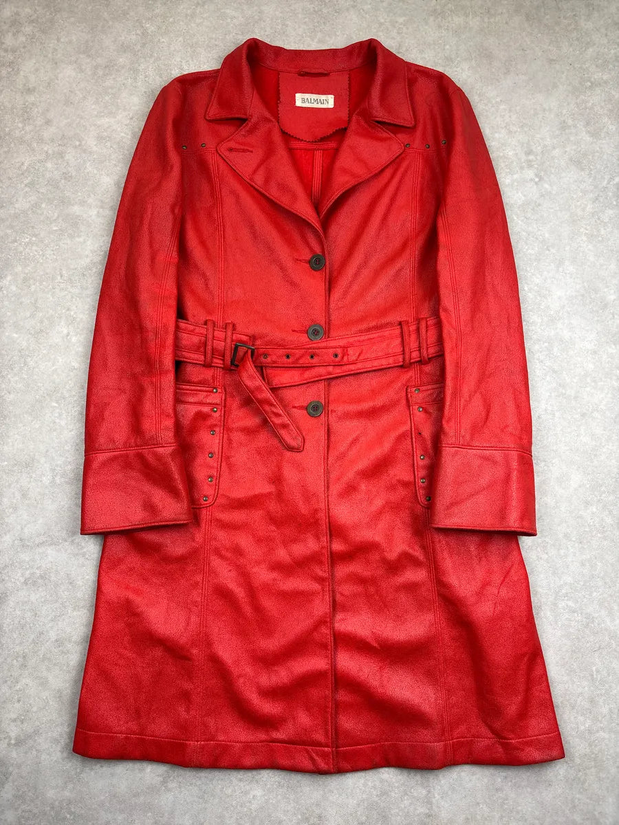 1990s Balmain Red Faux Leather Belted Studded Coat MaxyhzzX 1