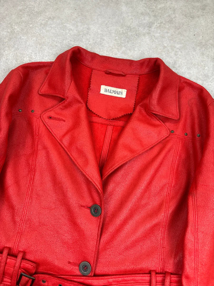 1990s Balmain Red Faux Leather Belted Studded Coat MaxyhzzX 8