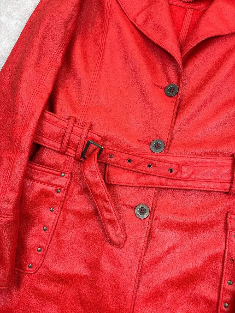 1990s Balmain Red Faux Leather Belted Studded Coat MaxyhzzX 5