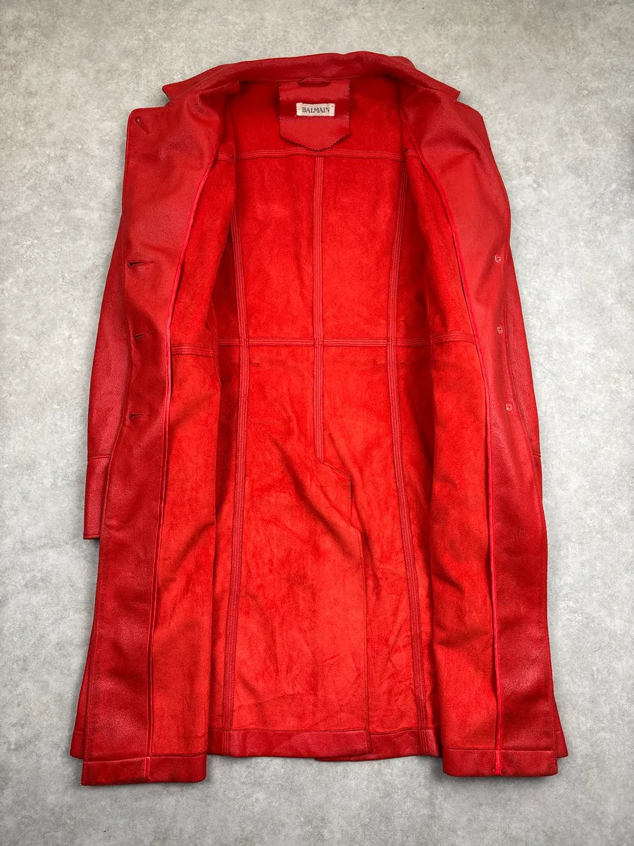 1990s Balmain Red Faux Leather Belted Studded Coat MaxyhzzX 3