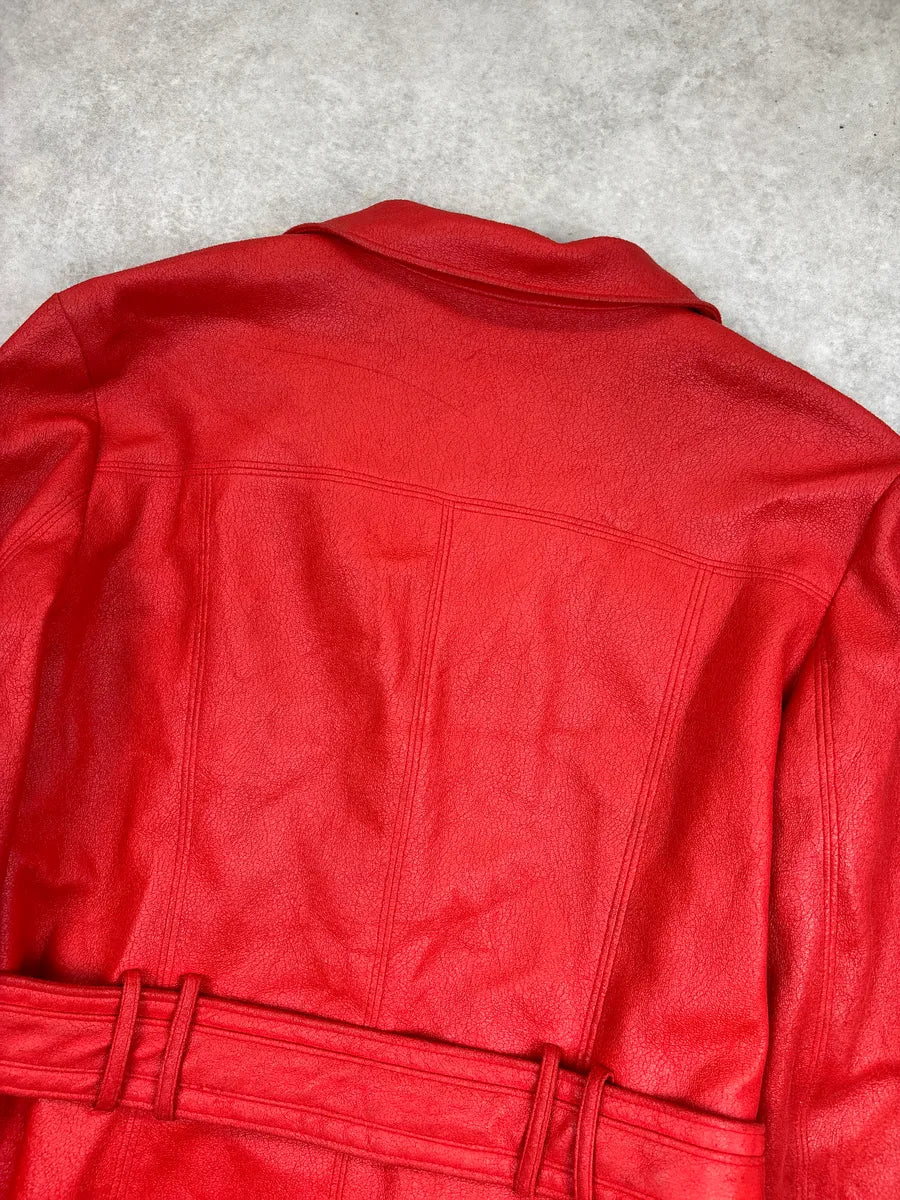 1990s Balmain Red Faux Leather Belted Studded Coat MaxyhzzX 7