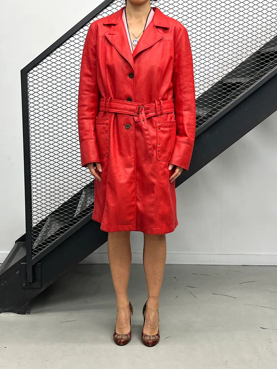 1990s Balmain Red Faux Leather Belted Studded Coat MaxyhzzX 0