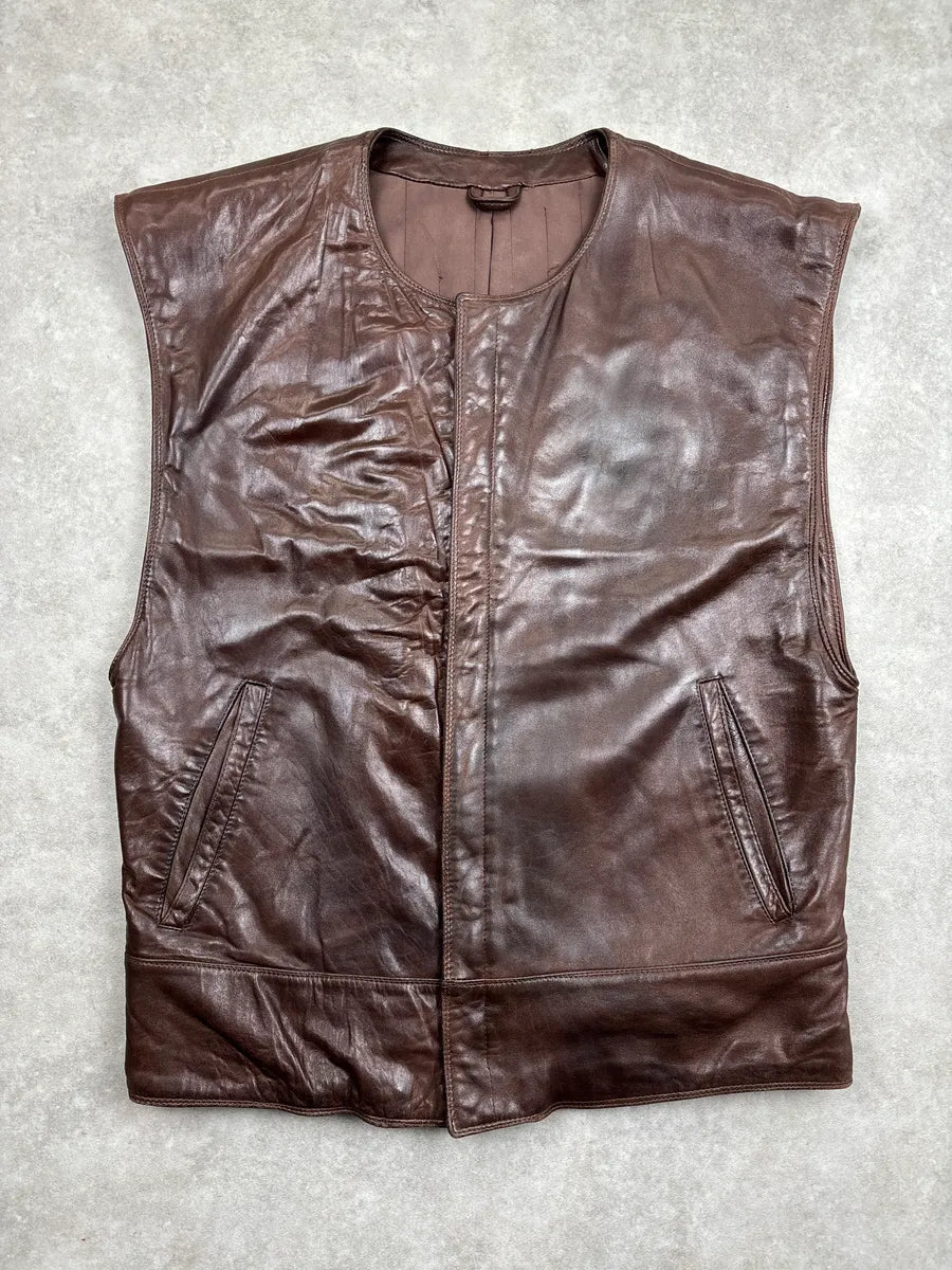 1990s Gianni Versace Dark Brown Leather Collarless Minimalist Vest MmvYCHwT 0
