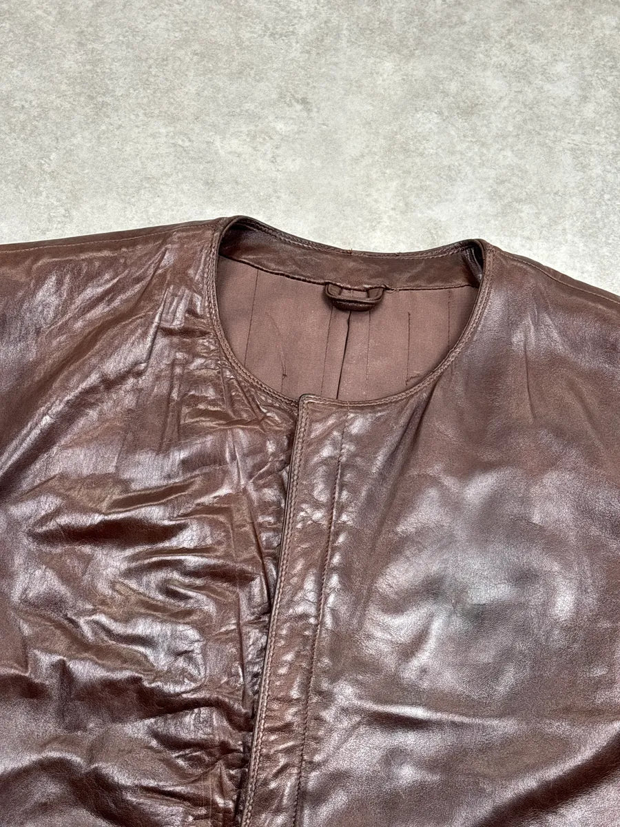1990s Gianni Versace Dark Brown Leather Collarless Minimalist Vest MmvYCHwT 5