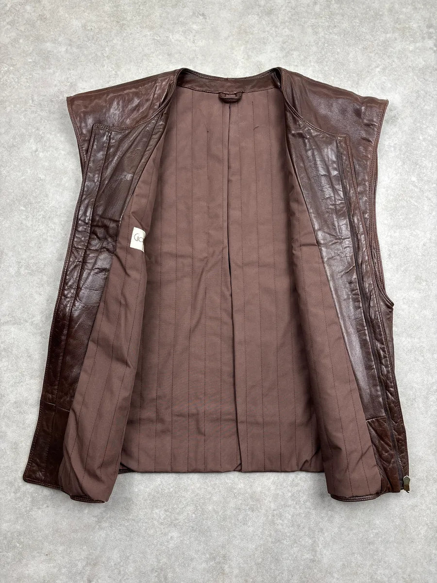 1990s Gianni Versace Dark Brown Leather Collarless Minimalist Vest MmvYCHwT 3