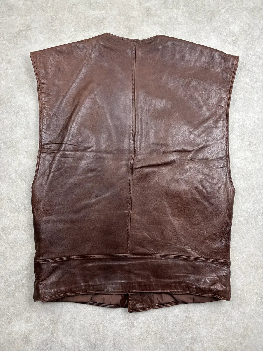 1990s Gianni Versace Dark Brown Leather Collarless Minimalist Vest MmvYCHwT 4