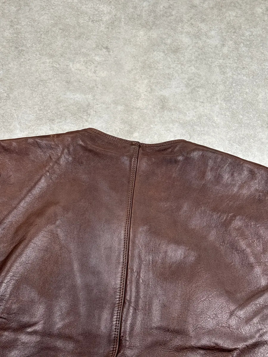 1990s Gianni Versace Dark Brown Leather Collarless Minimalist Vest MmvYCHwT 7