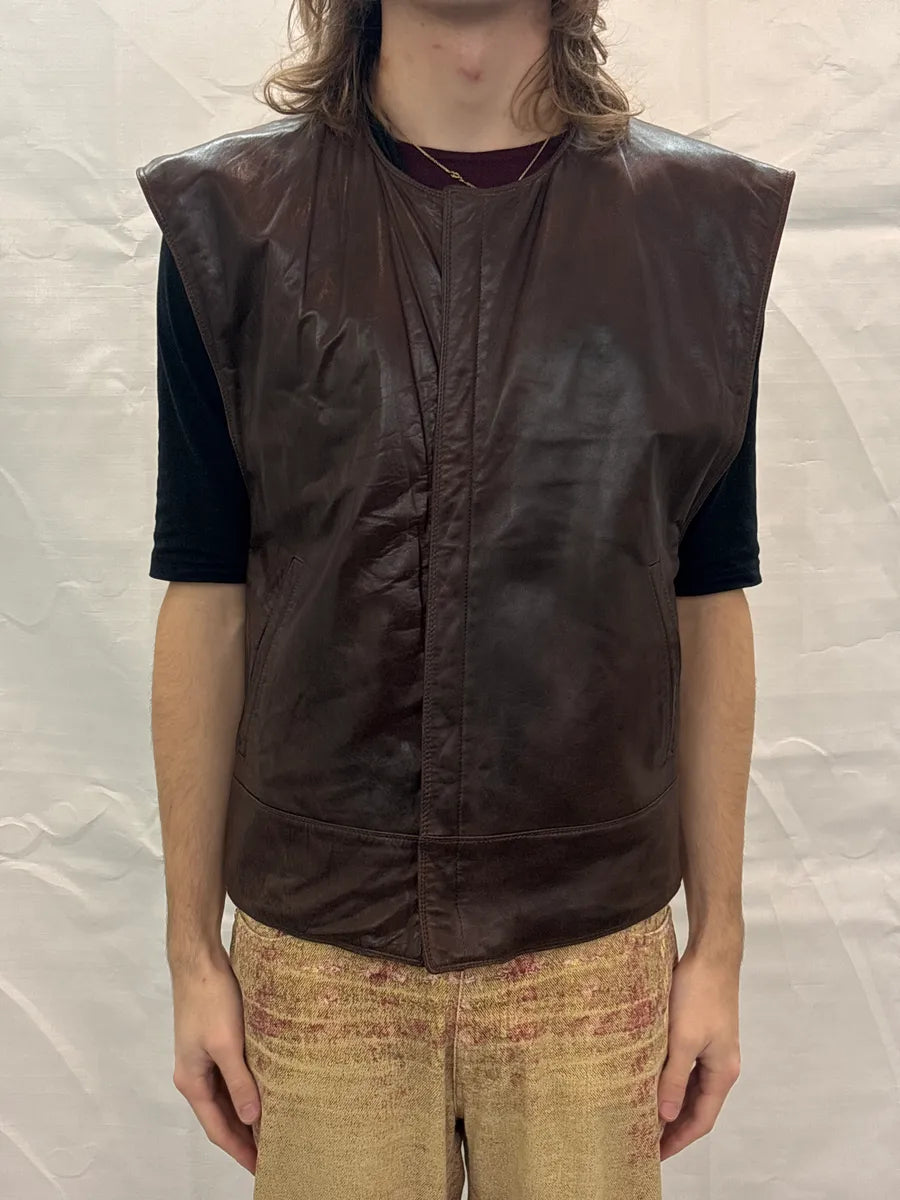1990s Gianni Versace Dark Brown Leather Collarless Minimalist Vest MmvYCHwT 1