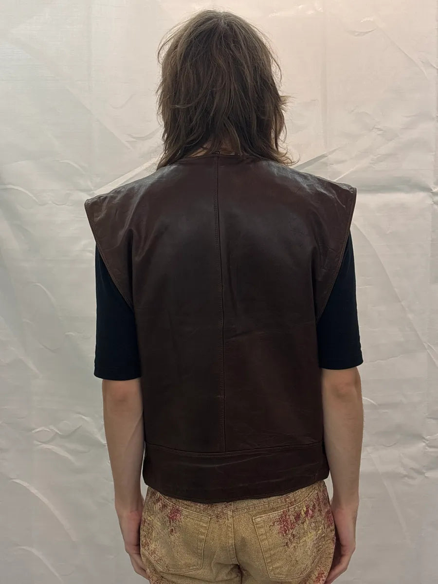 1990s Gianni Versace Dark Brown Leather Collarless Minimalist Vest MmvYCHwT 2