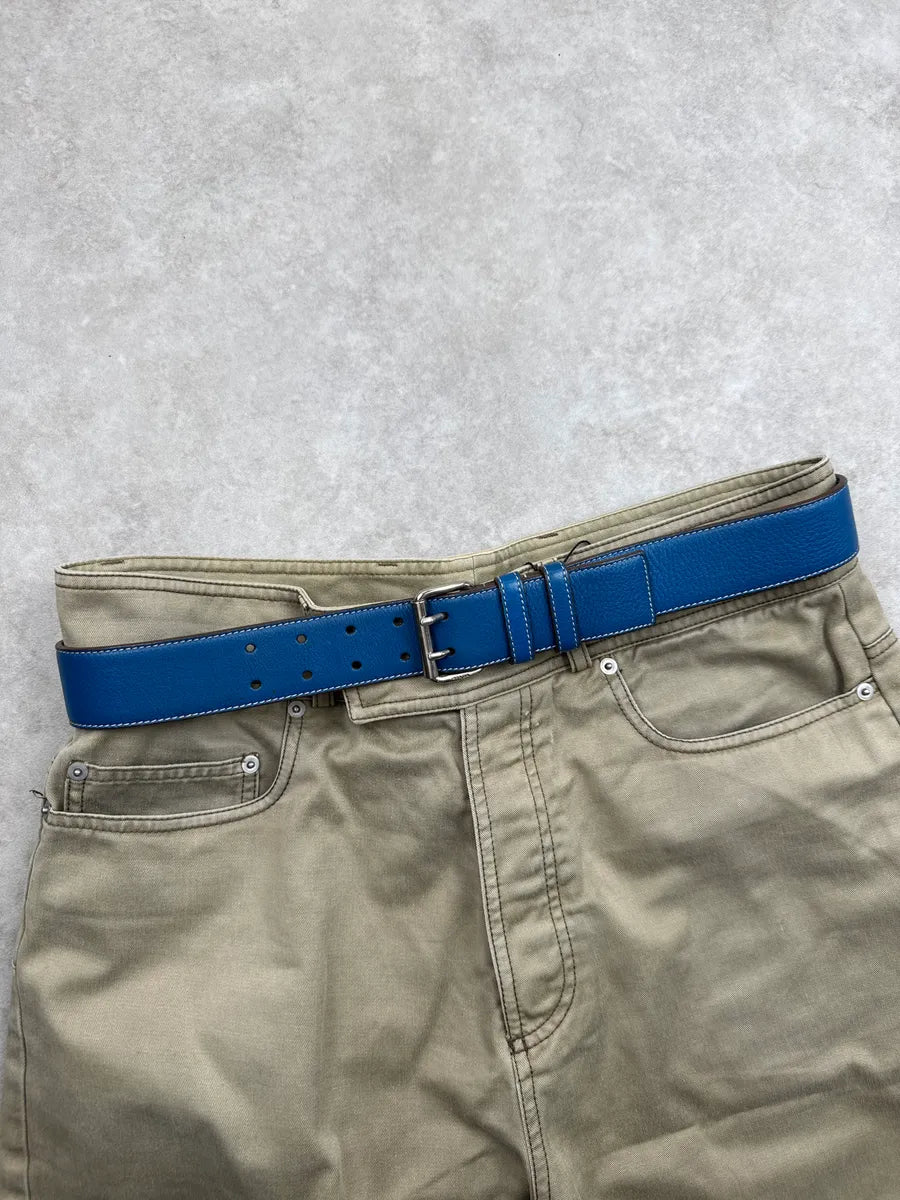 2000s Prada Blue Leather Double Buckle Contrast Stitching Belt MnfIVAIv 0
