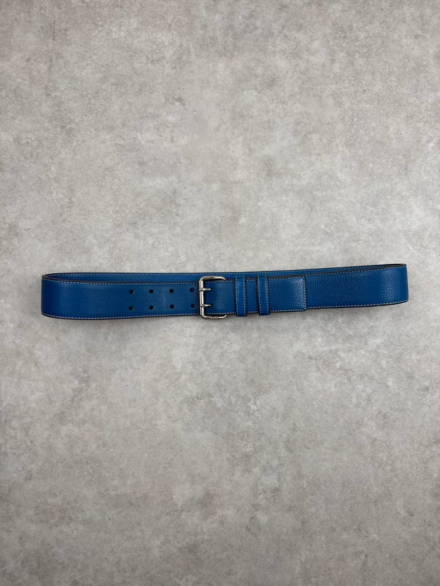 2000s Prada Blue Leather Double Buckle Contrast Stitching Belt MnfIVAIv 2