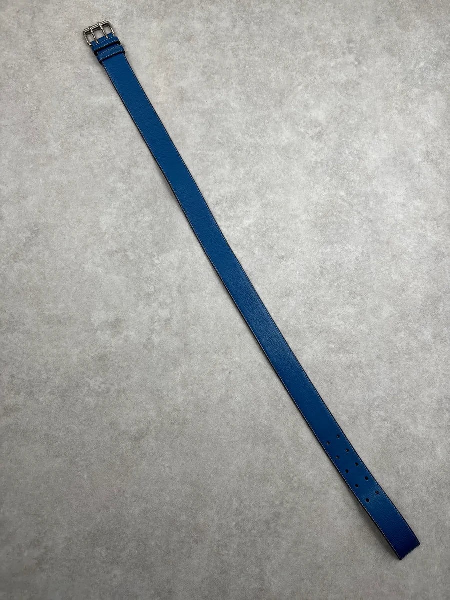 2000s Prada Blue Leather Double Buckle Contrast Stitching Belt MnfIVAIv 5