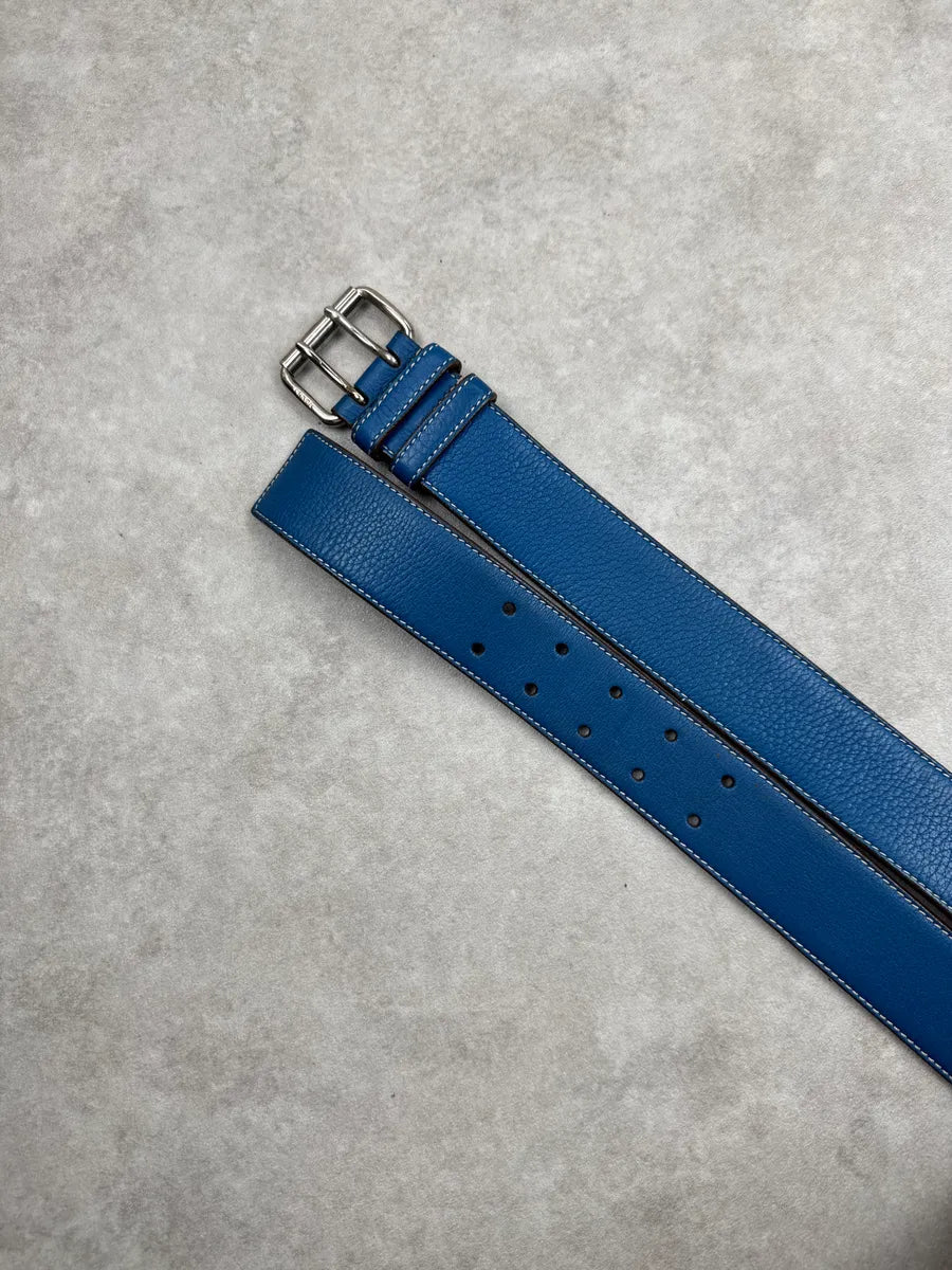 2000s Prada Blue Leather Double Buckle Contrast Stitching Belt MnfIVAIv 3