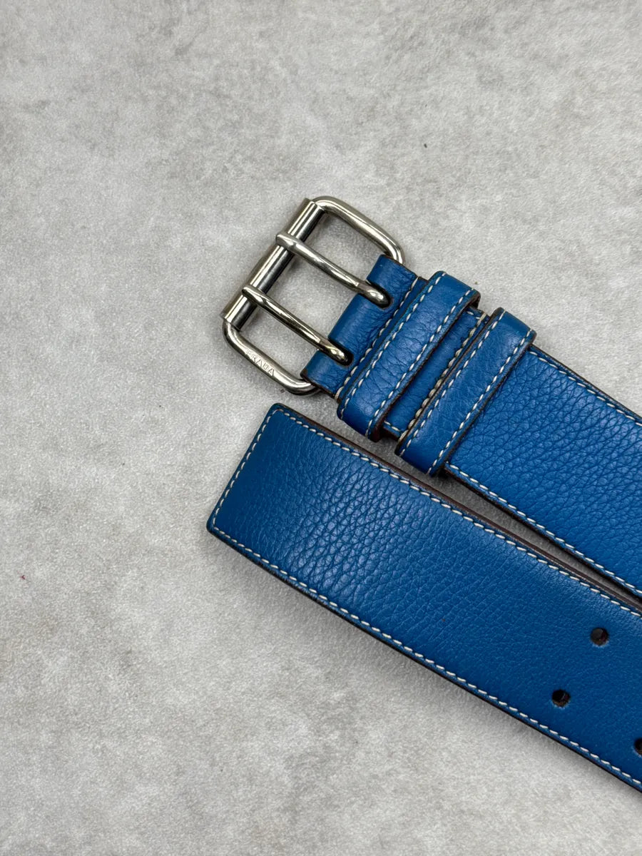 2000s Prada Blue Leather Double Buckle Contrast Stitching Belt MnfIVAIv 4