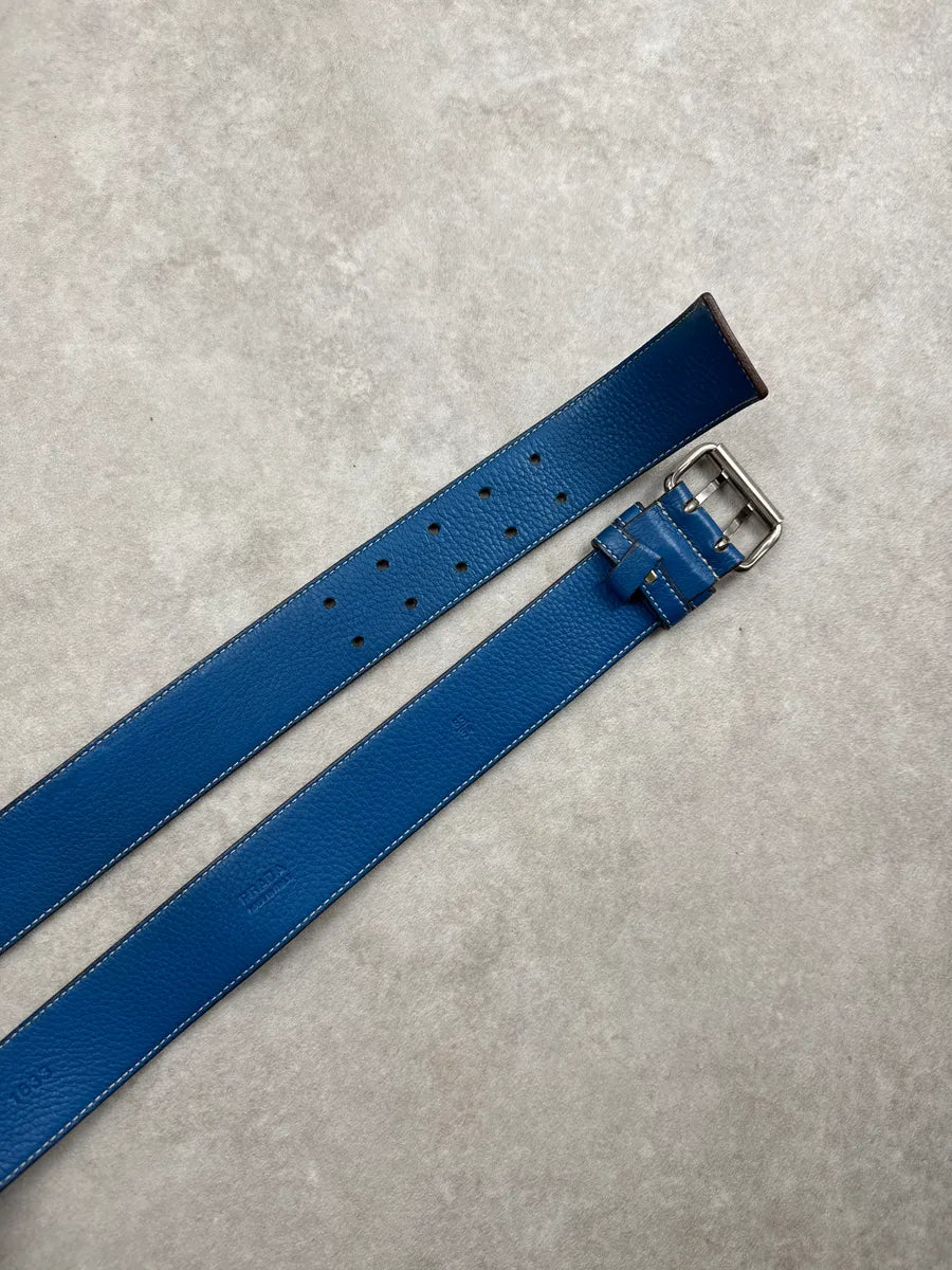 2000s Prada Blue Leather Double Buckle Contrast Stitching Belt MnfIVAIv 6